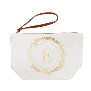 Gold Initial E Personalized Makeup Bag for Women, Monogrammed Canvas Cosmetic Pouch (White, 10 x 3 x 6 In)
