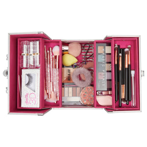 Pink Makeup Train Case with Lock and 2 Keys, 3-Tier Cosmetic Storage Box