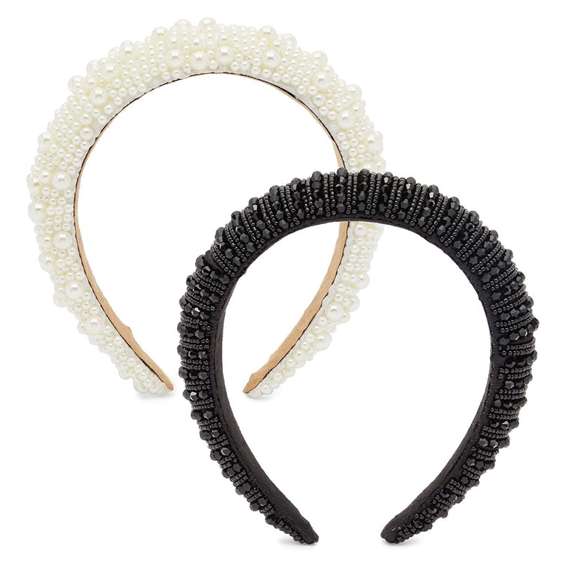 Padded Pearl Headbands for Women, Crystal Rhinestone Designs (2 Pack)