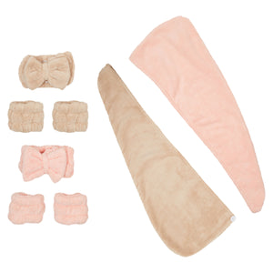 8 Piece Face Washing Headband and Wristband Set with Hair Turban Towel Wrap (Pink and Tan)