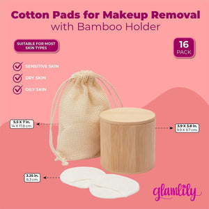 16 Pack Reusable Cotton Pads for Face Makeup Removal with Bamboo Holder and Mesh Storage Bag (White)
