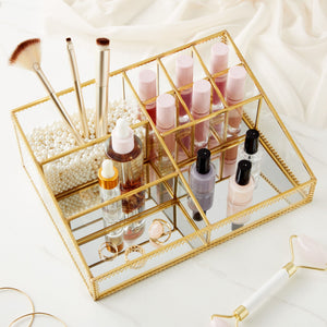 Glass Makeup Organizer with Gold Trim for Vanity, Cosmetic Storage (10.2 x 7.5 x 3.5 In)