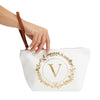 Gold Initial V Personalized Makeup Bag for Women, Monogrammed Canvas Cosmetic Pouch (White, 10 x 3 x 6 In)