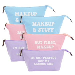 6 Pack Small Cosmetic Canvas Makeup Bags for Women with Zipper, 3 Colors and Designs (8 x 4 x 6 In)