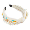 Twisted Knot Jeweled Headband for Women, Beaded Floral Design (6 In, Cream Color)