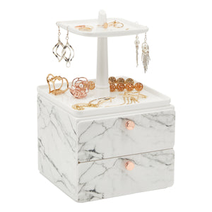 Marble Jewelry Display Tray and Makeup Organizer with Drawer for Vanity (7.3 x 7.7 x 13 in)