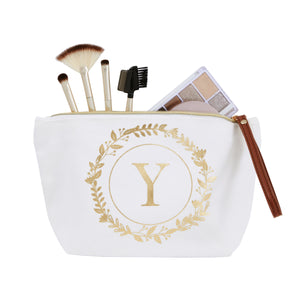 Gold Initial Y Personalized Makeup Bag for Women, Monogrammed Canvas Cosmetic Pouch (White, 10 x 3 x 6 In)
