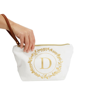 Gold Initial D Personalized Makeup Bag for Women, Monogrammed Canvas Cosmetic Pouch (White, 10 x 3 x 6 In)