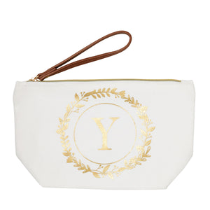 Gold Initial Y Personalized Makeup Bag for Women, Monogrammed Canvas Cosmetic Pouch (White, 10 x 3 x 6 In)