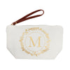 Gold Initial M Personalized Makeup Bag for Women, Monogrammed Canvas Cosmetic Pouch (White, 10 x 3 x 6 In)