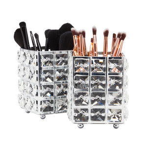 Crystal Makeup Brush Holder, Clear Silver Glass Organizer for Vanity (2 Pack)