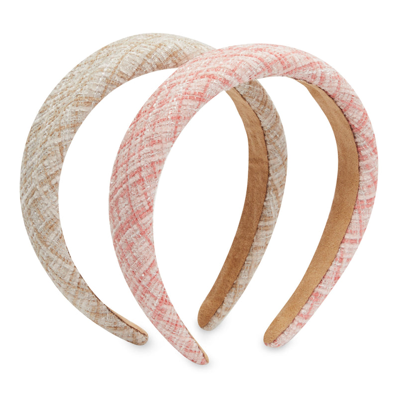 Tweed Plaid Padded Headbands for Women, Girls, Teens (Pink and Beige, 2 Pack)
