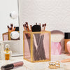 Gold Makeup Brush Holder for Vanity, Vintage Brass Frame and Pink Glass Storage Organizer