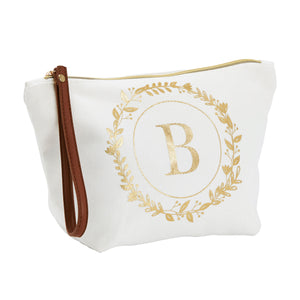 Gold Initial B Personalized Makeup Bag for Women, Monogrammed Canvas Cosmetic Pouch (White, 10 x 3 x 6 In)