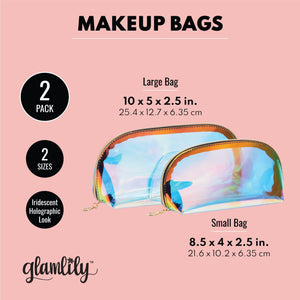 Holographic Makeup Bag, Clear Iridescent Travel Pouch (2 Sizes, 2 Piece Set)