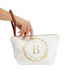 Gold Initial B Personalized Makeup Bag for Women, Monogrammed Canvas Cosmetic Pouch (White, 10 x 3 x 6 In)