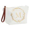Gold Initial M Personalized Makeup Bag for Women, Monogrammed Canvas Cosmetic Pouch (White, 10 x 3 x 6 In)