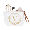 Gold Initial V Personalized Makeup Bag for Women, Monogrammed Canvas Cosmetic Pouch (White, 10 x 3 x 6 In)