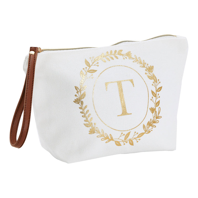 Gold Initial T Personalized Makeup Bag for Women, Monogrammed Canvas Cosmetic Pouch (White, 10 x 3 x 6 In)