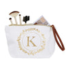 Gold Initial K Personalized Makeup Bag for Women, Monogrammed Canvas Cosmetic Pouch (White, 10 x 3 x 6 In)