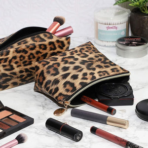 Small Leopard Print Faux Leather Makeup Bag (8 x 3 x 5 In, 2-Pack)