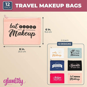 Makeup Toiletry Travel Bag for Women with Zippers in 6 Colors (8 x 6 In, 12 Pk)