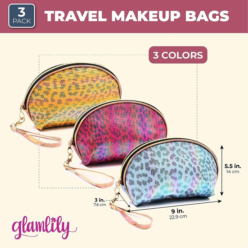 Glamlily 3 Pack Faux Leather Makeup Bag with Zipper, Travel