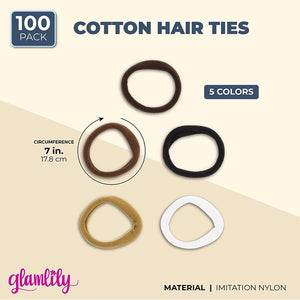 Cotton Hair Ties, Elastic Bands in 5 Colors (100 Pack)