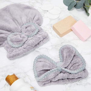 3 Microfiber Hair Drying Towel Bonnets and 3 Bow Headbands for Women (6 Pieces)