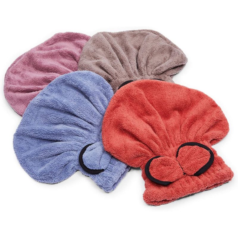 Microfiber Hair Drying Towel Cap, Bonnets with Bow Knot (4 Colors, 4 Pack)
