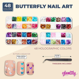 Nail Art Butterfly Sequins Kit with Tweezers (Holographic Colors, 48 Designs)