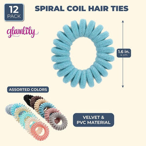 Spiral No Crease Phone Cord Coiled Hair Ties, Plastic & Velvet (12 Pack)