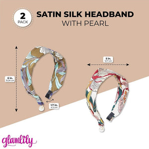 Vintage Boho Satin Headbands, Floral Print with Pearls for Women (2 Pack)