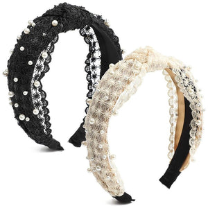 Pearl Lace Headband for Women, White and Black Satin (2 Pack)