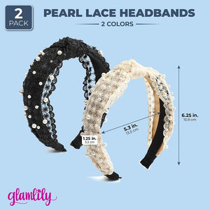 Pearl Lace Headband for Women, White and Black Satin (2 Pack)