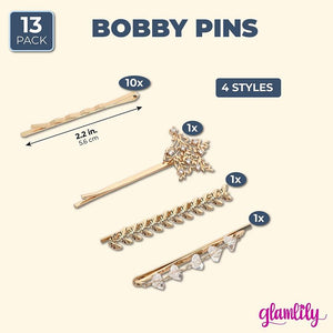 Bobby Pins Decorative, Gold Rhinestones (2.2 Inches, 13 Pack)