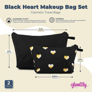 Hearts Makeup Bags, Cosmetic Travel Pouches in 2 Sizes (Black, 2 Pack)