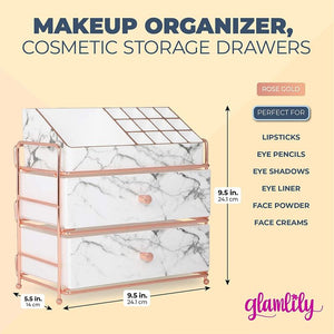 Marble Makeup Organizer, Cosmetic Storage Drawers (9.5 x 9.5 x 5.5 Inches)