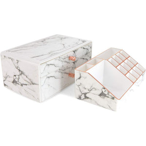 Marble Makeup Organizer, Cosmetic Storage with Drawer (9.5 x 5.5 x 9.5 in, 2 Pieces)