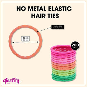 Neon Elastic Hair Ties, No Metal Sports Ponytail Holders (5 Colors, 200 Pack)