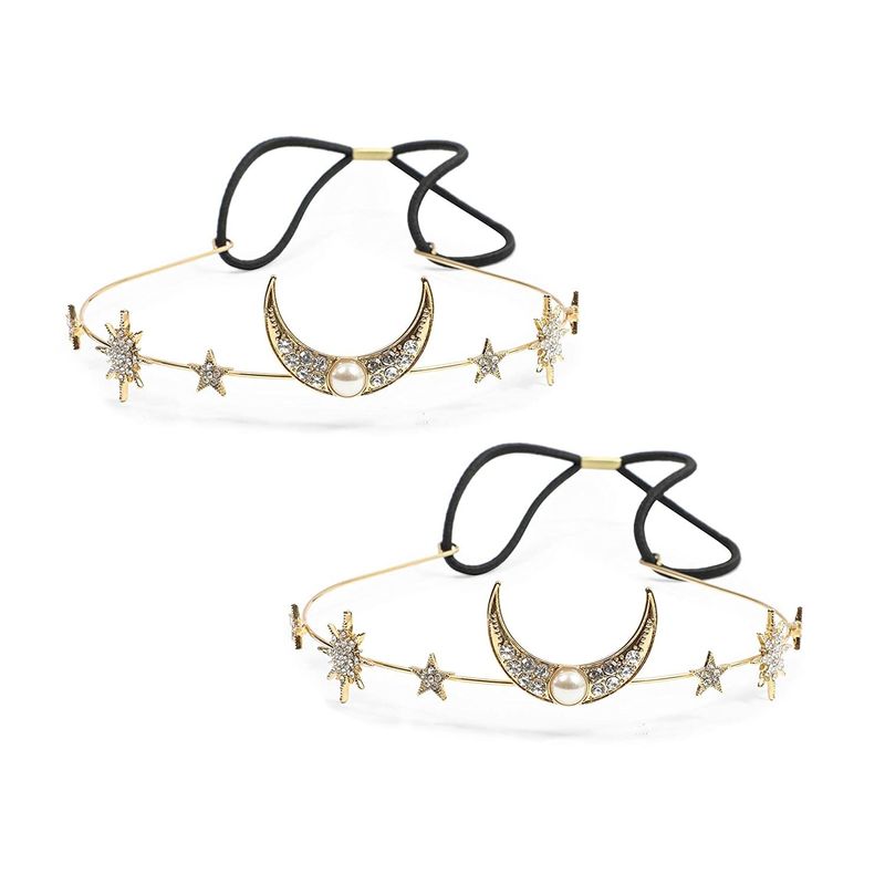 Gold Jewelry Headpiece Headband, Crescent Moon & Stars (2 Pack)