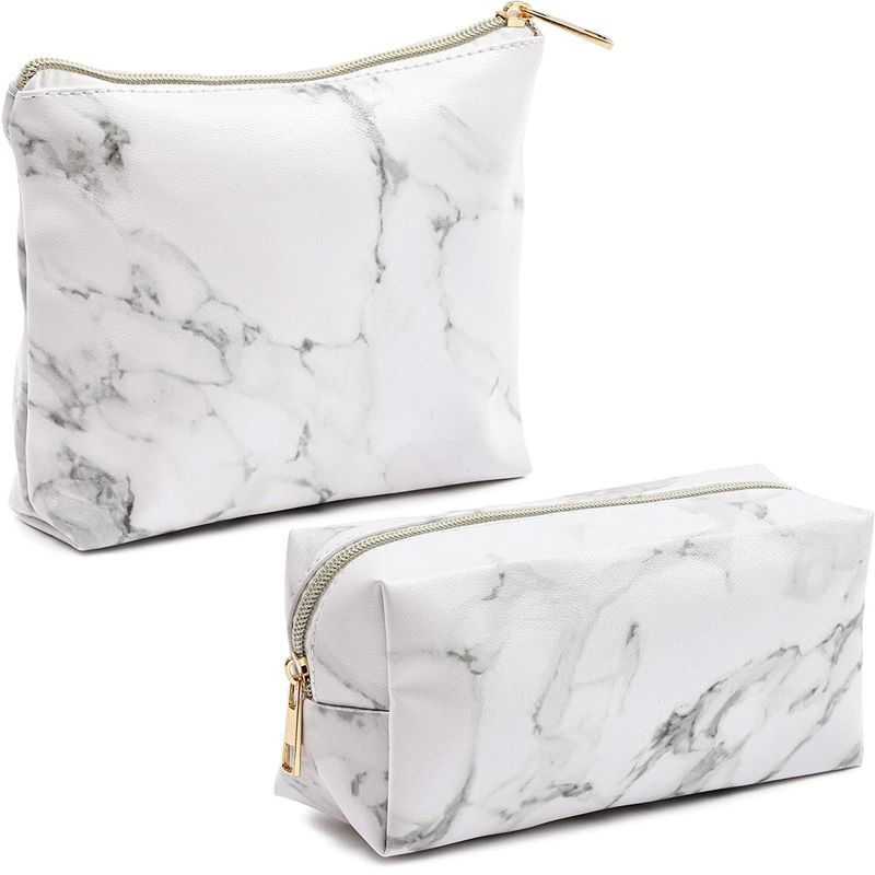 White Marble Printed Cosmetic Travel Pouch Set for Makeup Supplies (2 Pack)