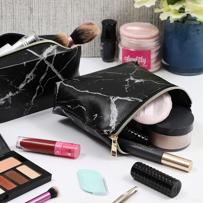 Black Marble Printed Cosmetic Travel Pouch Set for Makeup Supplies