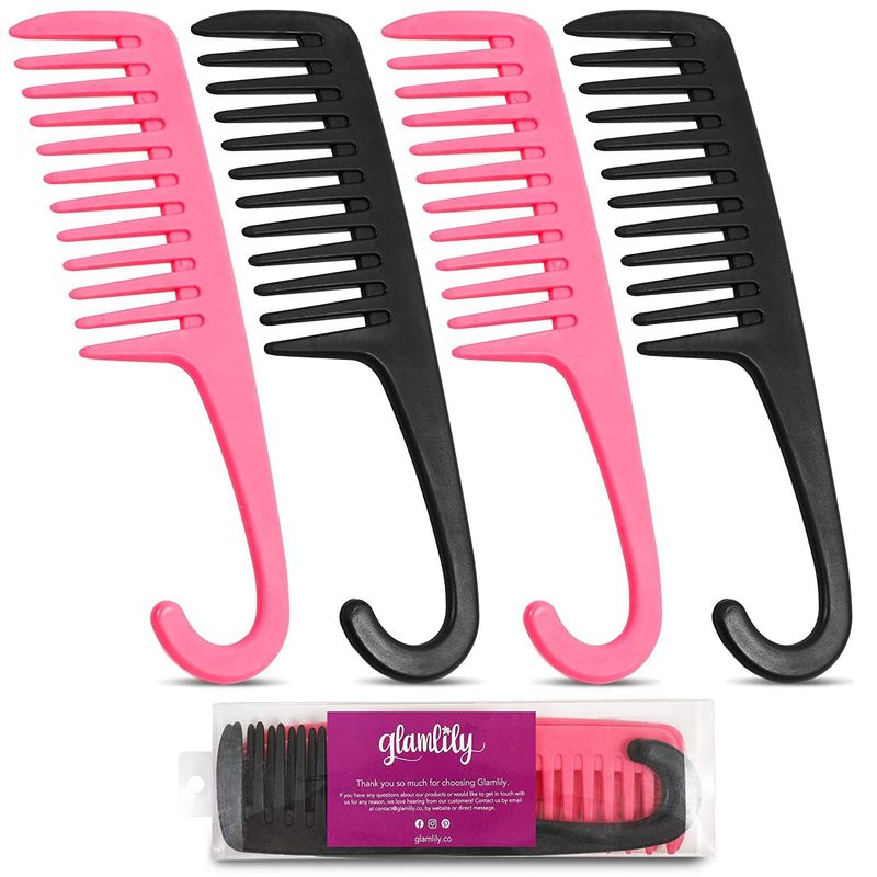 Wide Tooth Shower Detangling Combs with Hook (2.34 x 8.58 In, 4 Pack)