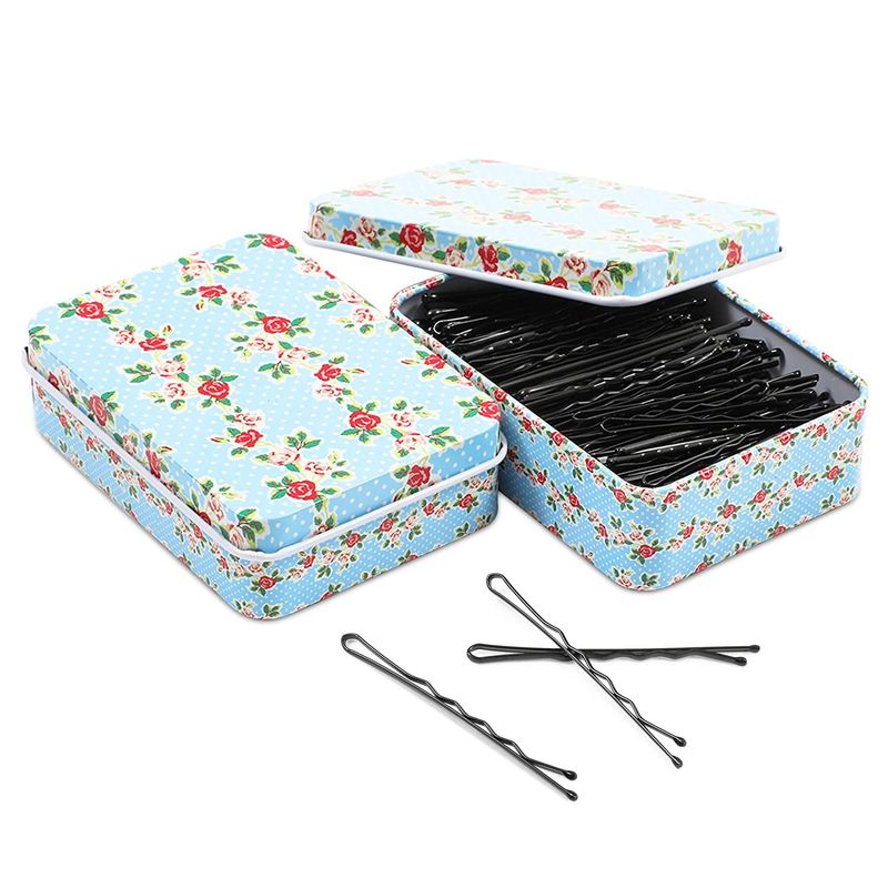 Black Bobby Pins with 2 Floral Tin Travel Cases (400 Count)