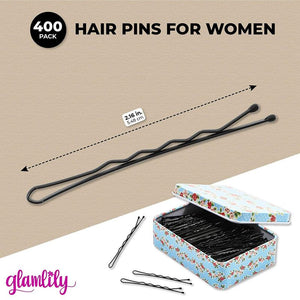 Black Bobby Pins with 2 Floral Tin Travel Cases (400 Count)