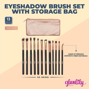 Rose Gold Eyeshadow Makeup Brush Set with Storage Bag (13 Pieces)