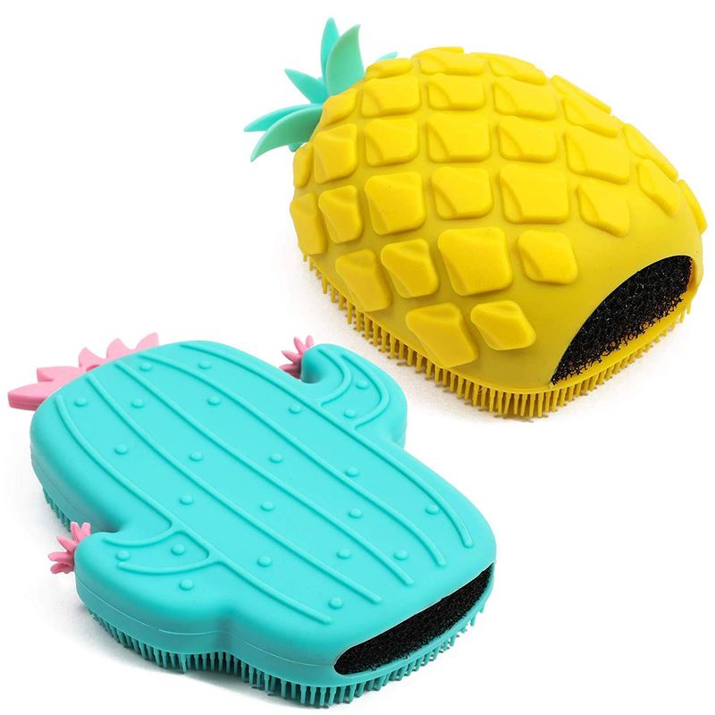 Silicone Shower Loofah Body Scrubber, Pineapple & Cactus (2 Pack)