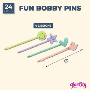 Pastel Hair Pins for Girls, Styling Clips, Bobby Pins, Hearts, Smiley Face, Stars (2 In, 24 Pack)