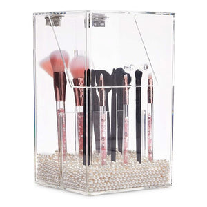 Acrylic Makeup Brush Holder with Lid and Beads Cosmetic Storage Organizer (6 x 5.7 x 9.25 In)